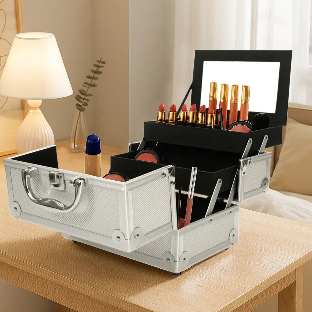 SM-2176 Aluminum Makeup Train Case Jewelry Box Cosmetic Organizer With Mirror 9' x6' x6' Silver - view 6