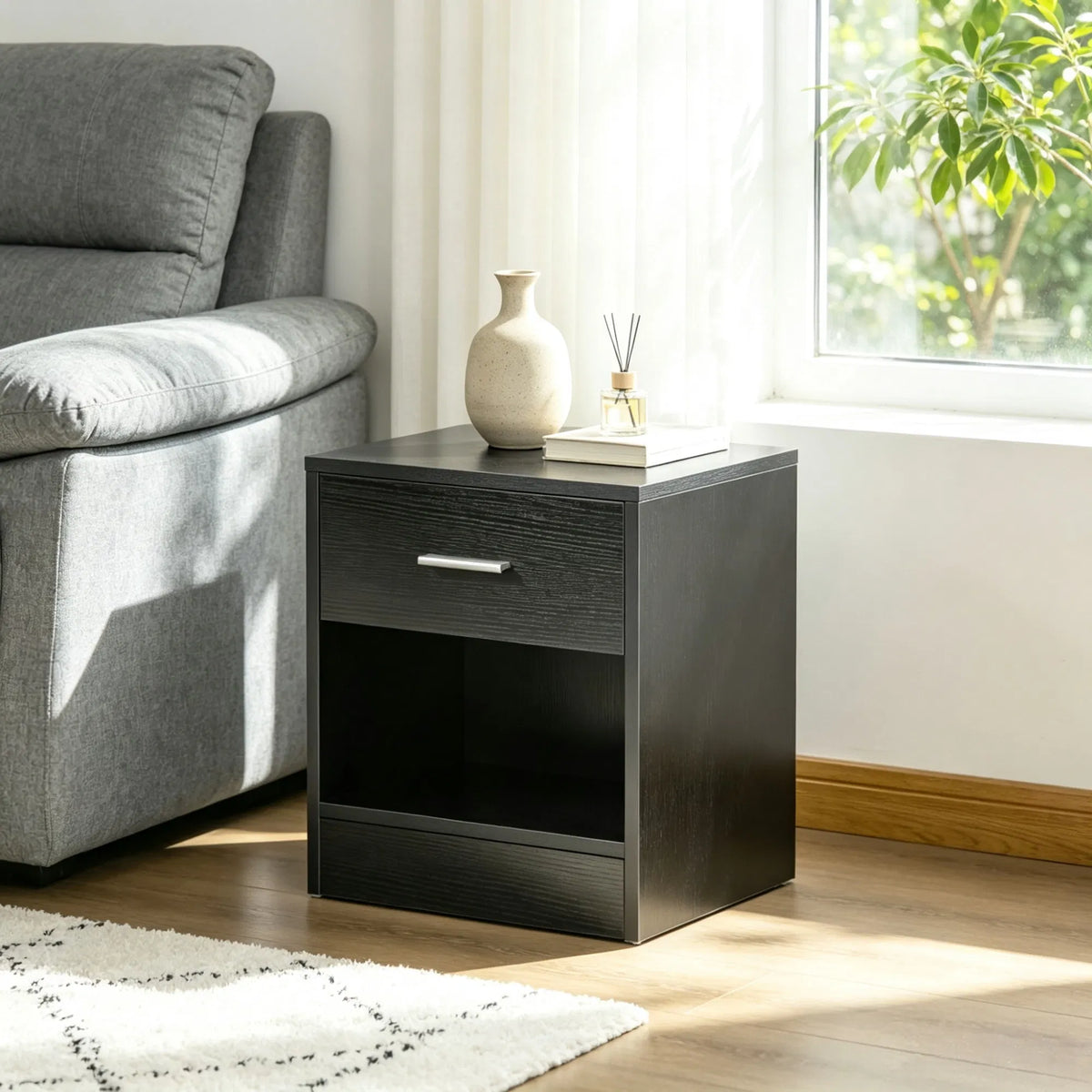 Black Wood Grain Modern Side Table with Drawer & Storage Shelf, Compact End Table for Living Room - view 3