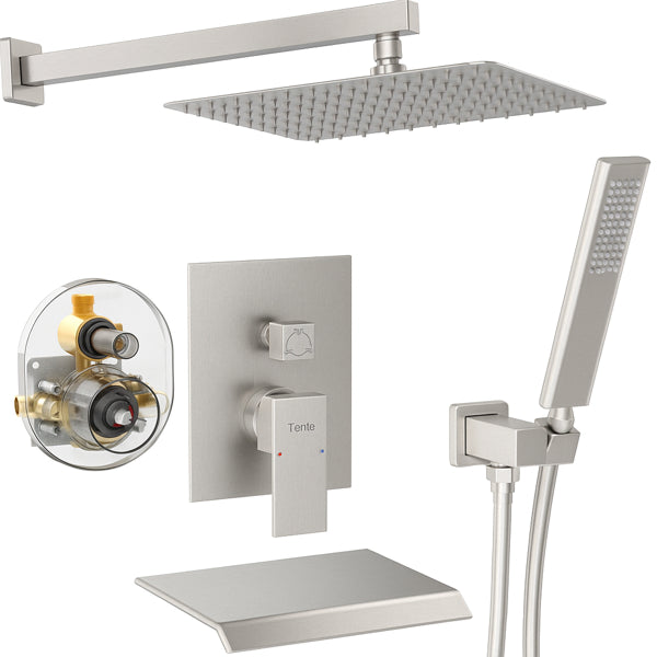 Male NPT Brushed Nickel Shower System, 12 Inch Shower Fixtures Rain Shower Head With Handheld Shower Spray, Wall Mount