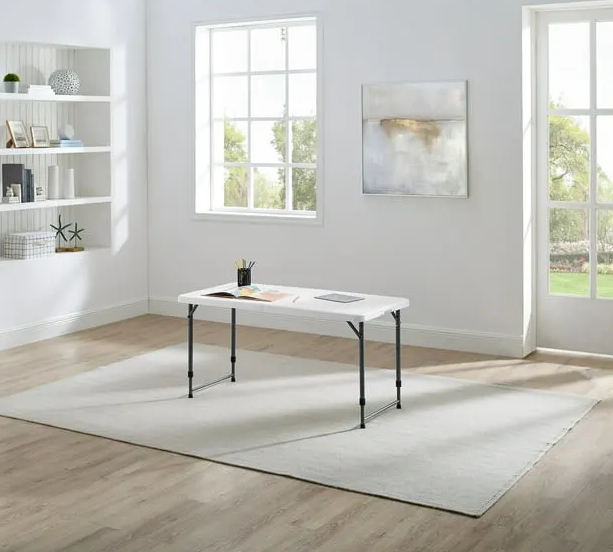 4 Foot Adjustable Height Folding Plastic Table, Indoor Outdoor White Granite