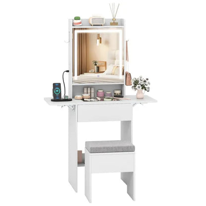 Vanity Table With LED Lighted Mirror, 2 Drop Leaf Extension & Built-in Charging Station-White - view 4