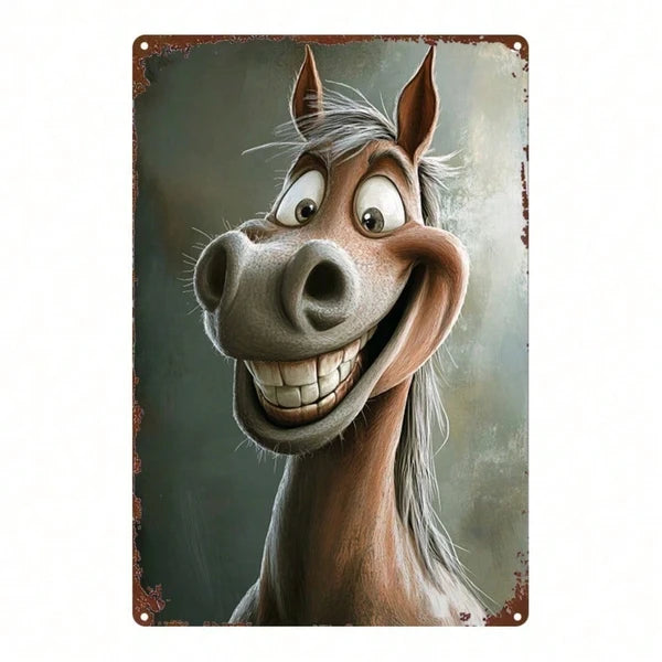 1pc Retro Cartoon Horse Head Metal Sign, Vintage Tin Painting Wall Decor, Humorous Country Style Iron Plate Art