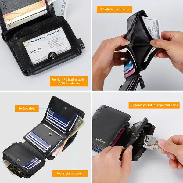 Men Leather Wallet ID Card Holder Purse Trifold Clutch Money Zipper With ID Window 14 Credit Card 1 ID Card - view 4