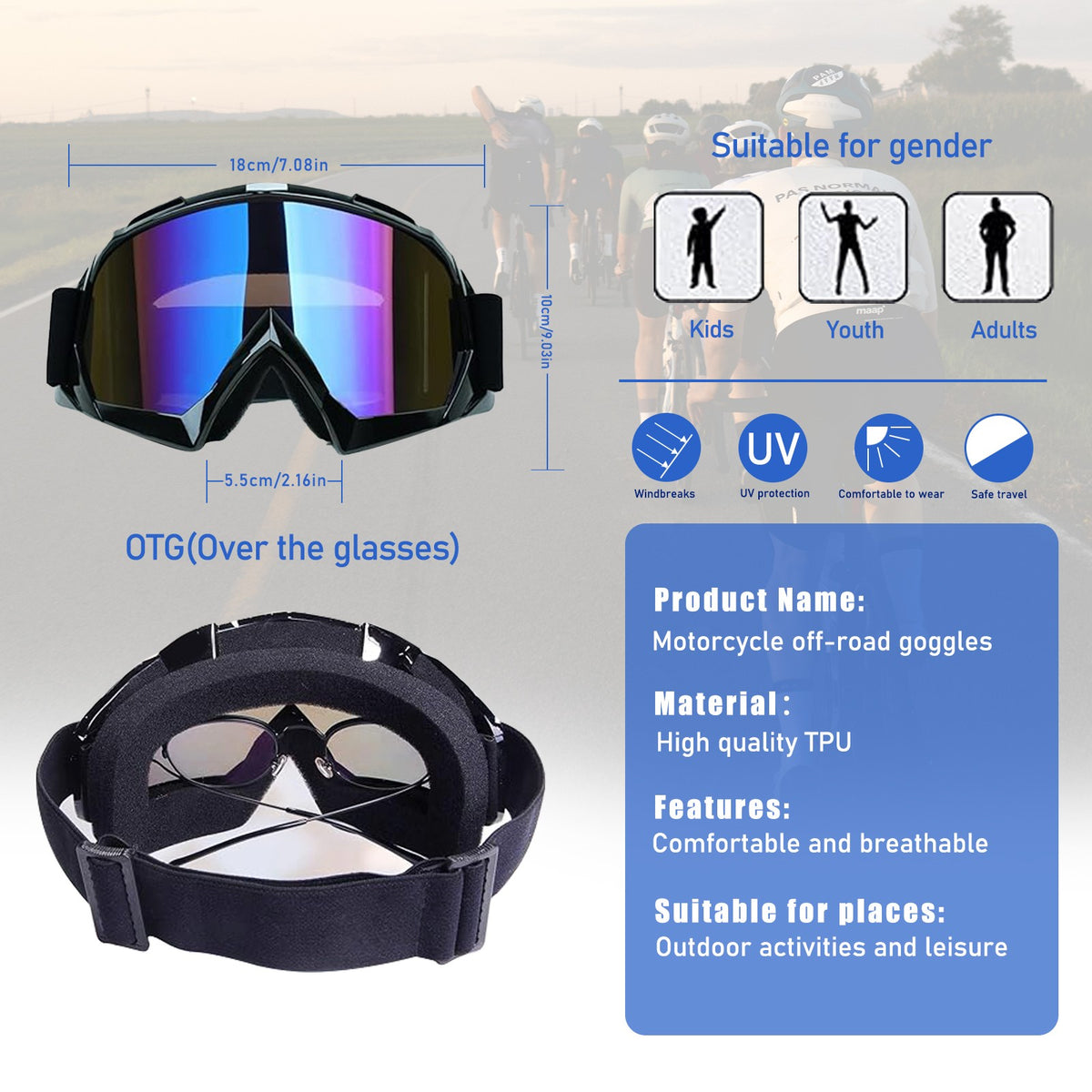 Motorcycle Goggles Fit Over Glasses Dirt Bike Skiing Anti-Fog Shatterproof UV400 - view 2