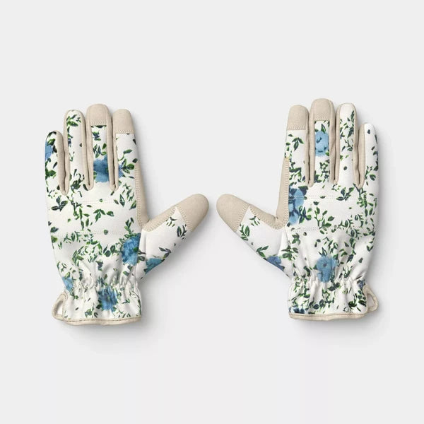 Floral Ikat Blossom Pattern Duck Canvas Work Gloves – One Size Khaki Garden Gloves