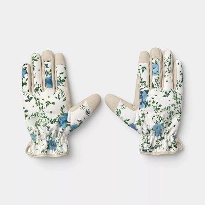 Floral Ikat Blossom Pattern Duck Canvas Work Gloves – One Size Khaki Garden Gloves