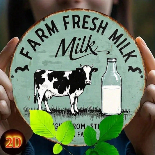 Vintage | Round Metal Tin Sign 8X8 Inch,2D Flat Printed Farm Fresh Milk Retro Dairy Art Decor Classic Farmhouse Style