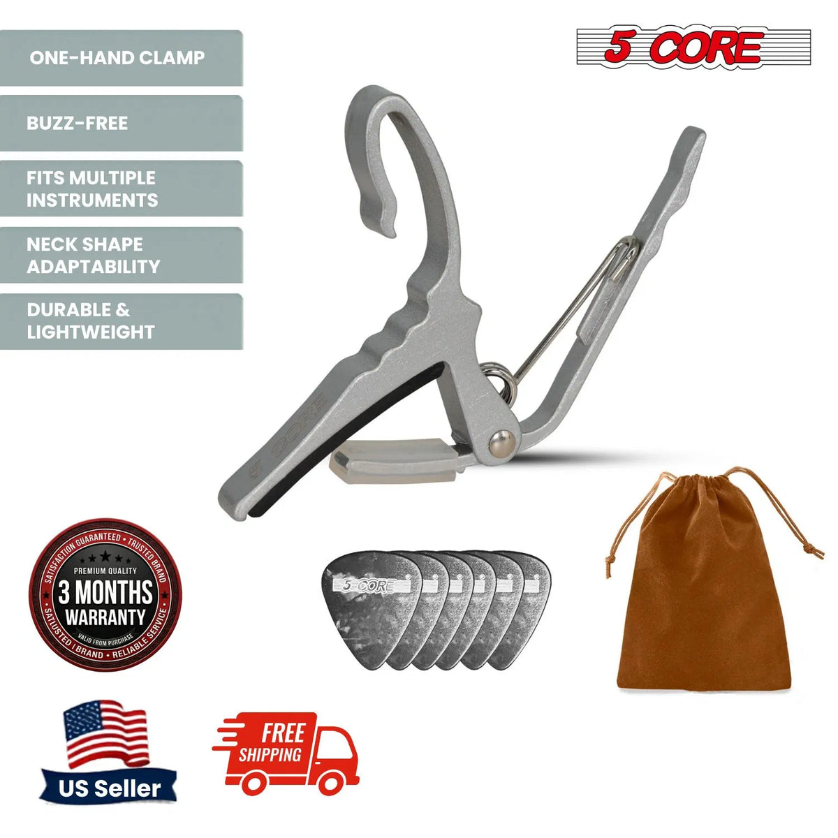 5 Core Guitar Capo Quick Change Acoustic Electric String Clip Banjo Mandolin Or Ukulele - view 2
