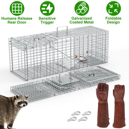 Humane Cat Trap Cage With Gloves Catch Release Live Animal Rodent Cage Collapsible Galvanized Wire For Raccoons Beavers - view 3