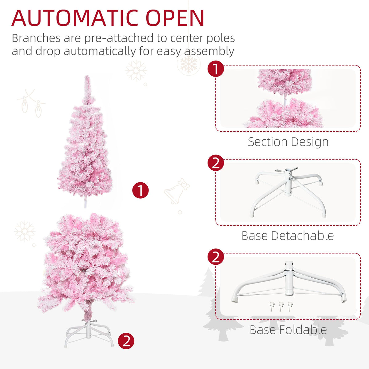 5 FT Snow Flocked Artificial Christmas Tree, Pencil Xmas Tree With Realistic Branches, Auto Open And Steel Base, Pink - view 6