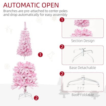 5 FT Snow Flocked Artificial Christmas Tree, Pencil Xmas Tree With Realistic Branches, Auto Open And Steel Base, Pink - view 6