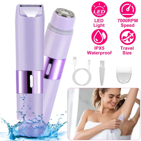 2 In 1 Bikini Trimmer For Women Dual Head Cordless Body Shaver IPX5 Waterproof Rechargeable Pubic Hair Razor Wet