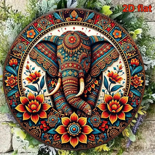 1pc 8x8in Vintage Elephant Decorative Plaque, Decorative Plaque, 2D Flat Round Sign Indian Style Wall Art - view 2