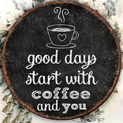1pc 8x8in Vintage 2D Flat Round Sign, "A Good Day Starts With" Decorative Plaque - view 2