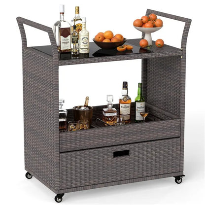 Handwoven PE Rattan Outdoor Bar Cart With Tempered Glass Top & Drawer, 4 Wheels With Brakes Serving Cart For Patio