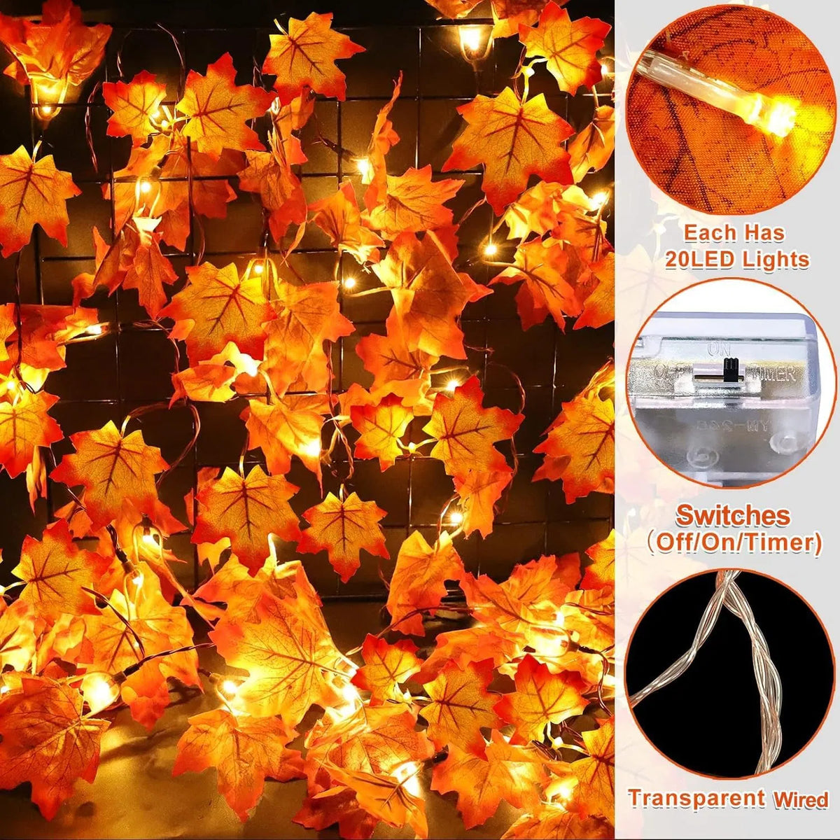 Timer & 3 Pack - 30Ft Fall Garland Fall Decorations for Home 60 LED Leafed Lights Patented Realistic Maples Leafed - view 6