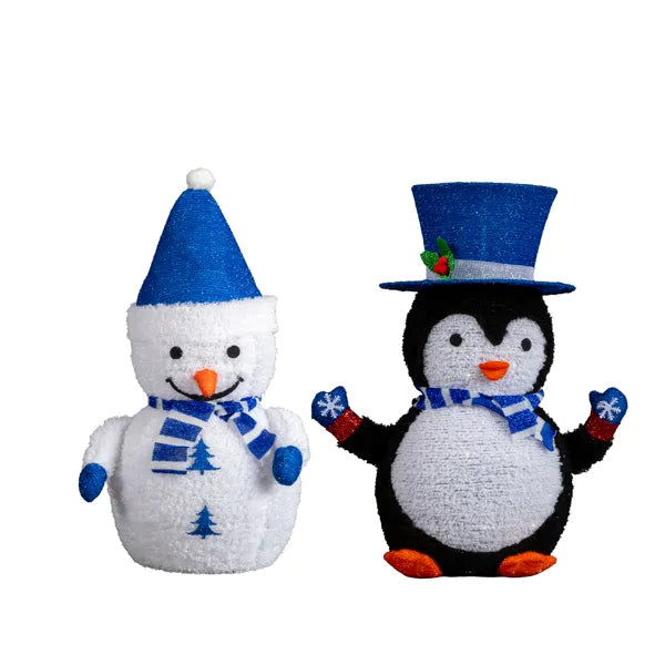Set Of 2 Lighted Plush Penguin And Snowman Christmas Decorations, Pre-lit Pull Up Holiday Decor With 100 Warm White LED