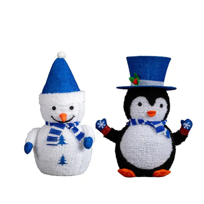 Set Of 2 Lighted Plush Penguin And Snowman Christmas Decorations, Pre-lit Pull Up Holiday Decor With 100 Warm White LED