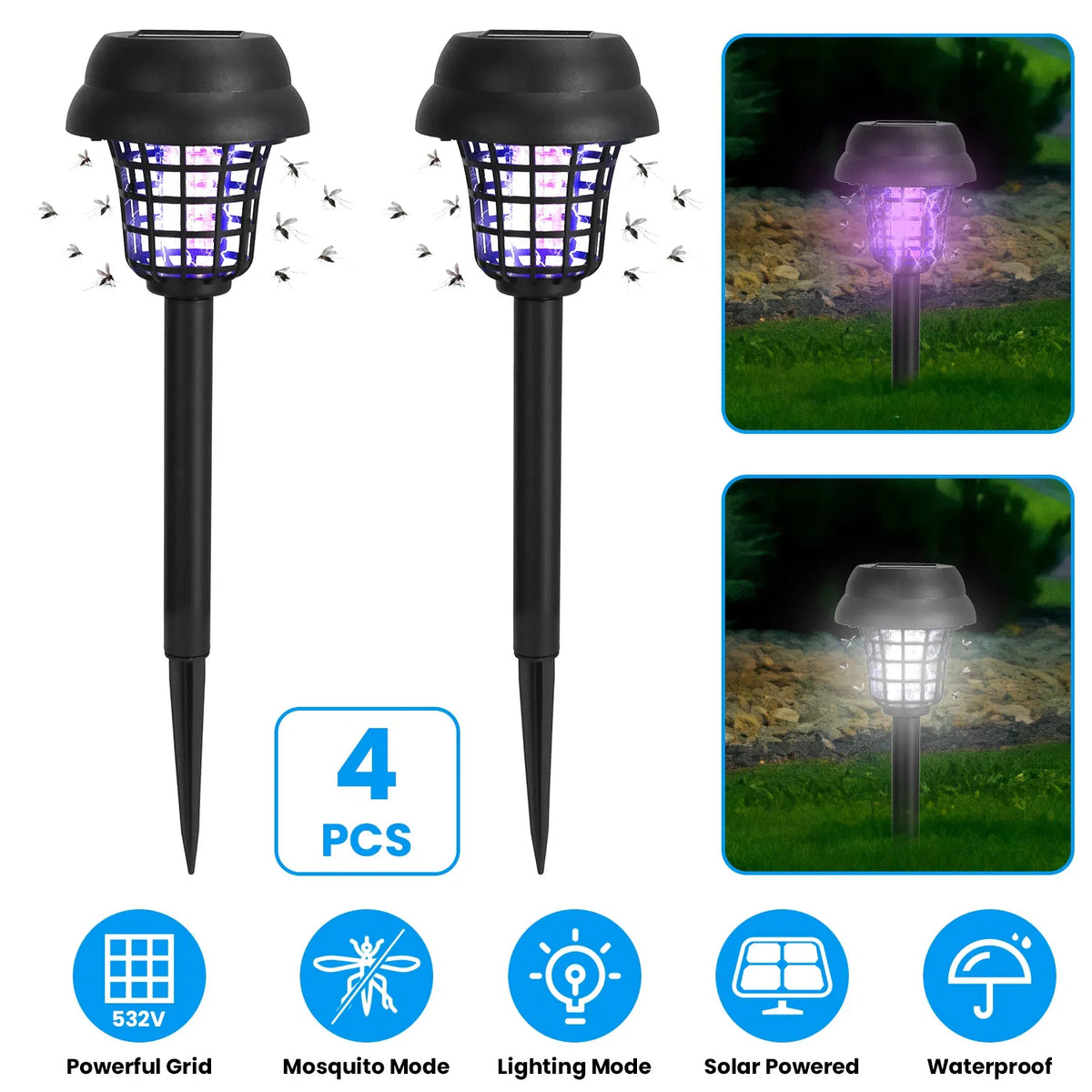 Solar Mosquito Zapper 4-Pack Dual Purple UV & White LED Modes, 532 V Electric Shock, Auto On Off - view 3