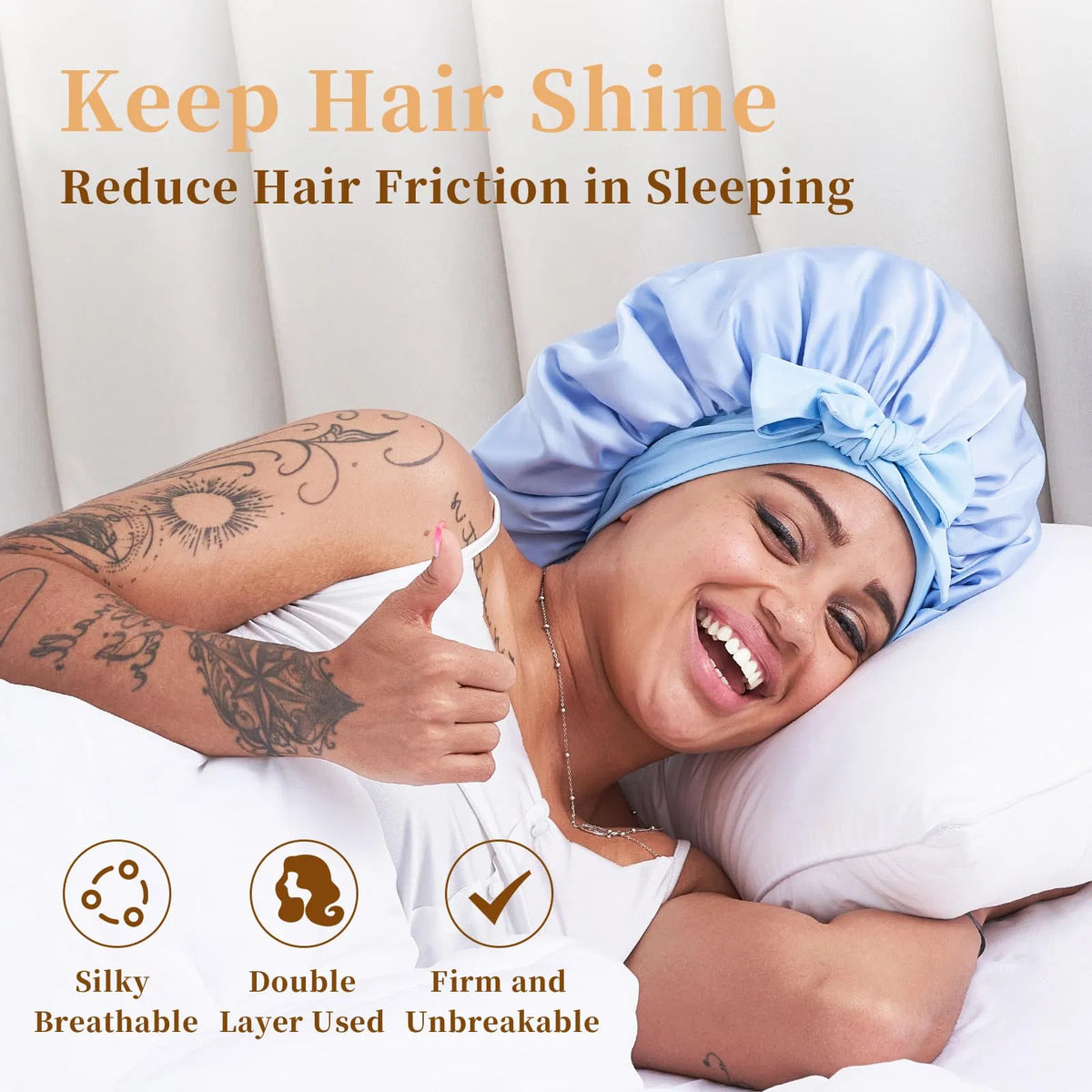 Silk Bonnet For Sleeping Women, Satin Hair Bonnet For Sleeping For Wavy Curly Natural Hair Women Men - Blue - view 2