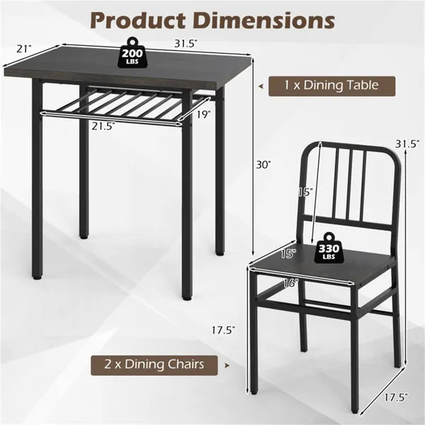 3-Piece Dining Table Set (Gray + Black), Space-Saving Tuck-under Chair Design - view 3