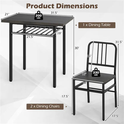 3-Piece Dining Table Set (Gray + Black), Space-Saving Tuck-under Chair Design - view 3