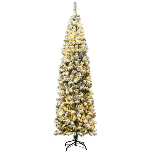 7.5ft Snow Flocked Pencil Christmas Tree - 641 Branch Tips, 350 Warm LED Lights, PVC+Metal - view 3