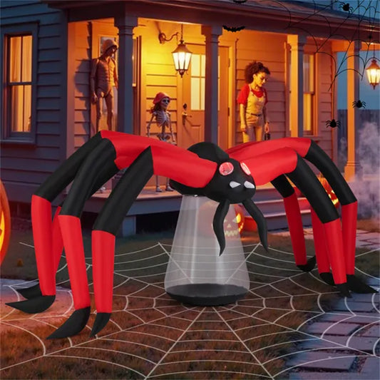 10ft Wide 5ft Tall Giant Halloween Inflatable Spider - LED Head Light + 2 Red Eye Tunnel Lights, Black + Red Color