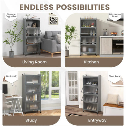 5-Tier Rolling Microwave Stand Flip Dust-Proof Doors 4 Casters with Brakes Kitchen Storage Rack Gray - view 4