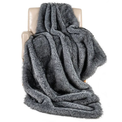 Gray 740GSM Faux Wolf Fur Throw Blanket 60 X80 Double-Sided Soft Fleece Lined Blanket