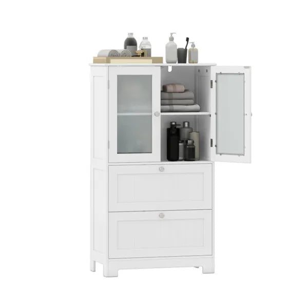 Freestanding Floor Storage Cabinet With Adjustable Shelf & 2 Drawers, Frosted Tempered Glass Door Sideboard - view 2
