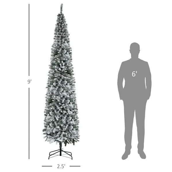 9ft Flocked Christmas Tree, Pencil Christmas Tree With Realistic Branch Tips, Folding Metal Stand, Green
