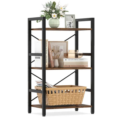 4-Tier Industrial Bookshelf (Rustic Brown+Black), Heavy-Duty Metal Frame & X-Shaped Braces