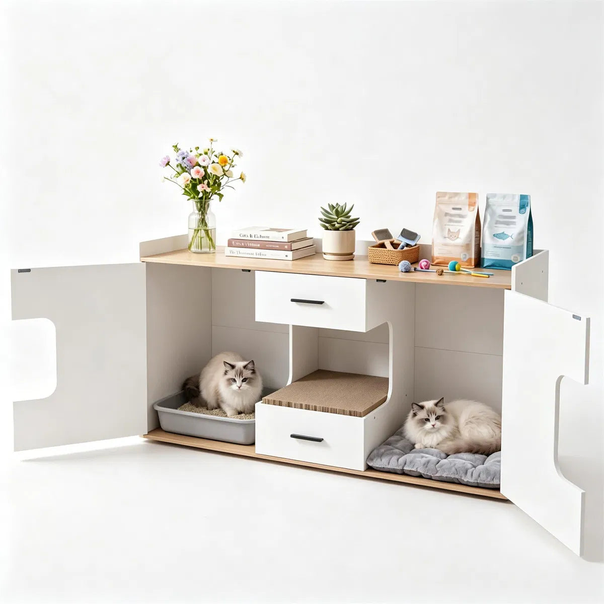 Large Cat Litter Box Enclosure Furniture with Storage Drawers & Built-In Scratching Board - view 5
