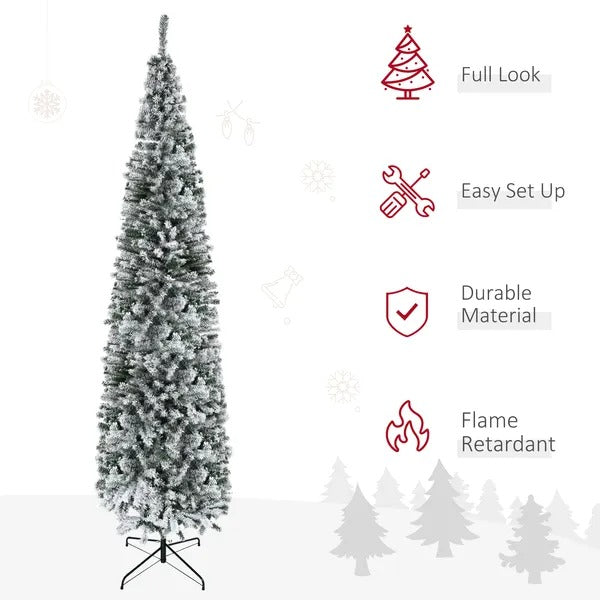 9ft Flocked Christmas Tree, Pencil Christmas Tree With Realistic Branch Tips, Folding Metal Stand, Green - view 4