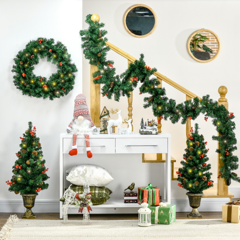 HOMCOM Prelit Holiday Christmas 4-Piece Set, Garland Wreath And Set Of 2 Entrance Trees With Warm White LED Lights