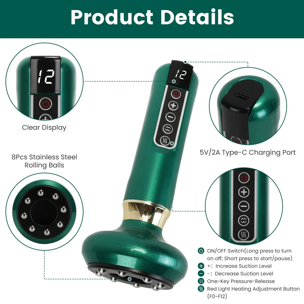 Anti Cellulite Massager Handheld Vacuum Suction Cupping Kit Beauty Tool With 12 Suction Mode 12 Heating 20Mins Auto-Off - view 4