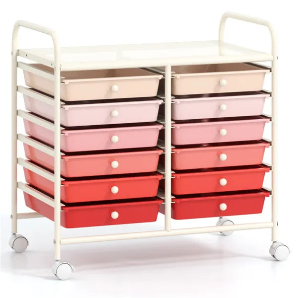 12-Drawer Rolling Storage Cart - 2-Row 10-Storey, Multicolor Drawers, 4 Wheels (2 Brake), White Frame-Pink - view 4