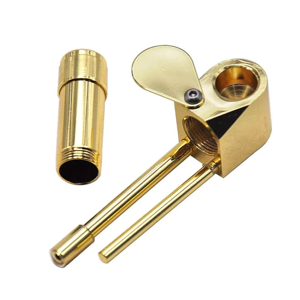 Brass Tobacco Smoking Pipe w / Stash Storage Cylinder Chamber Metal w / Lid Bowl - view 6
