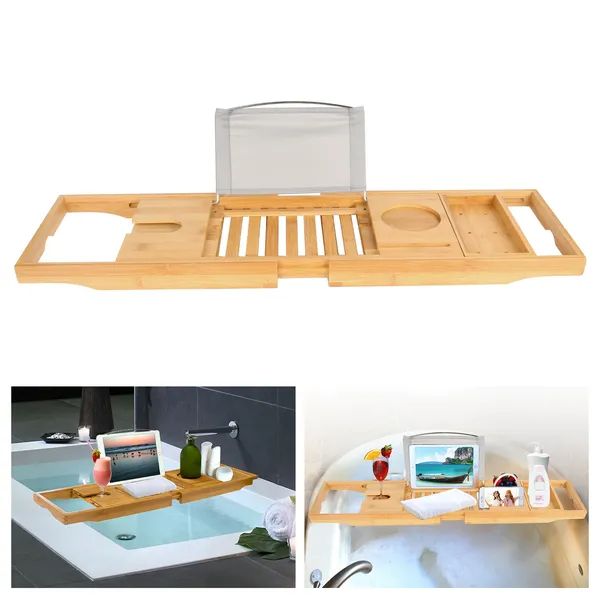 Bathtub Caddy Tray Crafted Bamboo Bath Tray Table Extendable Reading Rack Tablet Phone Holder For Valentines'S Day - view 2