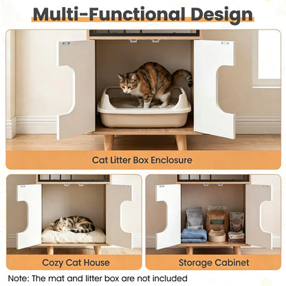 Natural & White Hidden Cat Litter Box Furniture, Elevated Cat Lounge Top Enclosed Cat Washroom Cabinet with Raised Legs - view 8