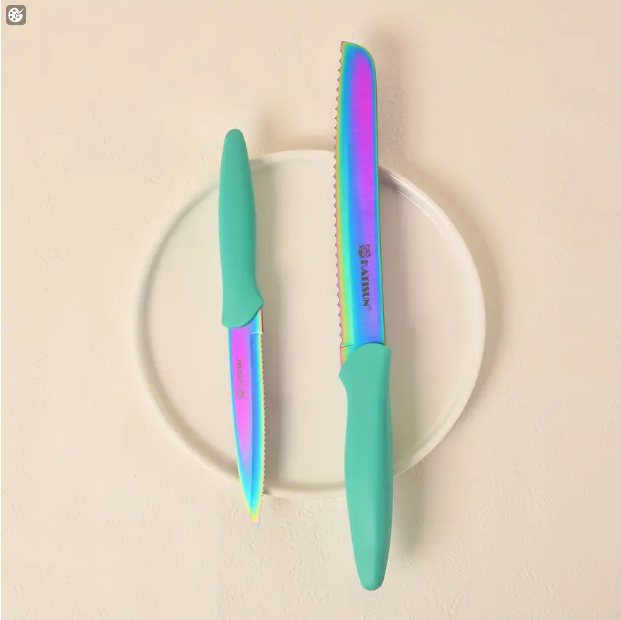 14-Piece Rainbow Colored High Carbon Stainless Steel Kitchen Knife Set, Titanium Coated Blade, Rust-Free & Super Sharp - view 4