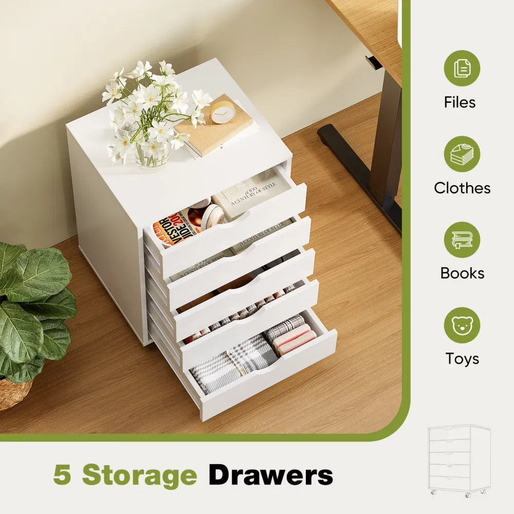 5 DrawerStorageCabinet with Wheels for Bedroom,Home, Office Organization, White - view 3