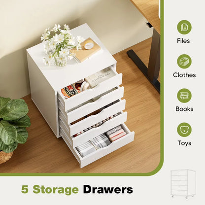 5 DrawerStorageCabinet with Wheels for Bedroom,Home, Office Organization, White - view 3
