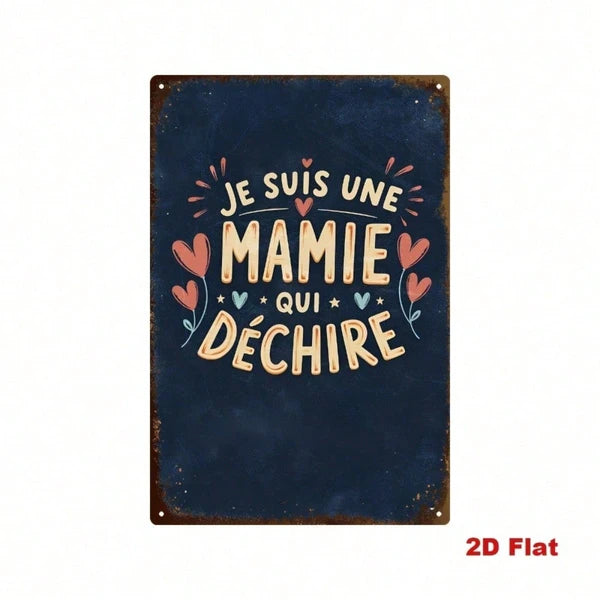 Vintage French Je Suis Une Super Grand-Mre Metal Sign, Retro Heart Pattern Tin Plaque - view 4
