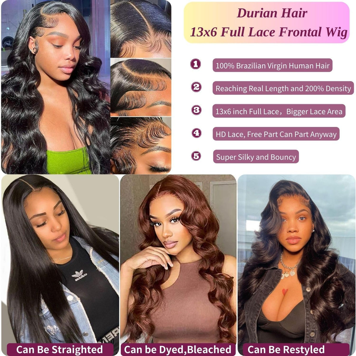 13x6 Front Lace Human Hair Wig, Natural Color, Body Wave, Density - view 2