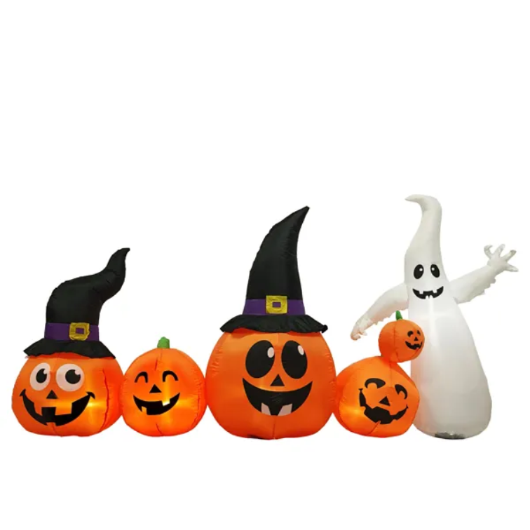 8FT Long Halloween Inflatables Pumpkins Ghost Outdoor Decorations, Blow Up Yard Decoration With Built-in LEDs Lighted