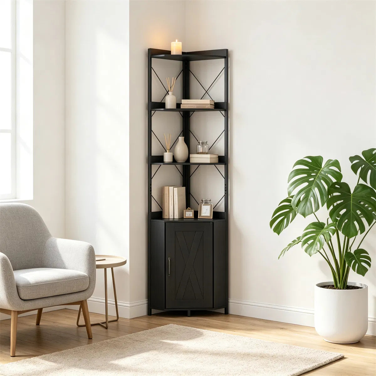 Freestanding Corner Display Shelf, Black Engineered Wood & Metal Bookcase with Concealed Cabinet - view 5