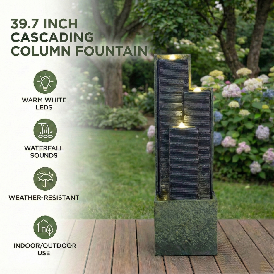 39inch H Outdoor Water Fountain Modern Cascading Freestanding Fountain With LED Lights For Garden Patio Porch Lawn Decor - view 5