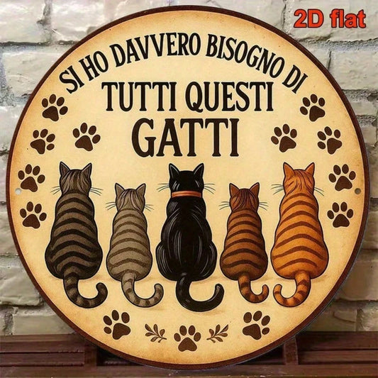 Vintage Cat Decor Sign 8x8 Inch Round French Aluminum Plaque, Italian Language Cat Lover Wall Art For Living Room - view 2